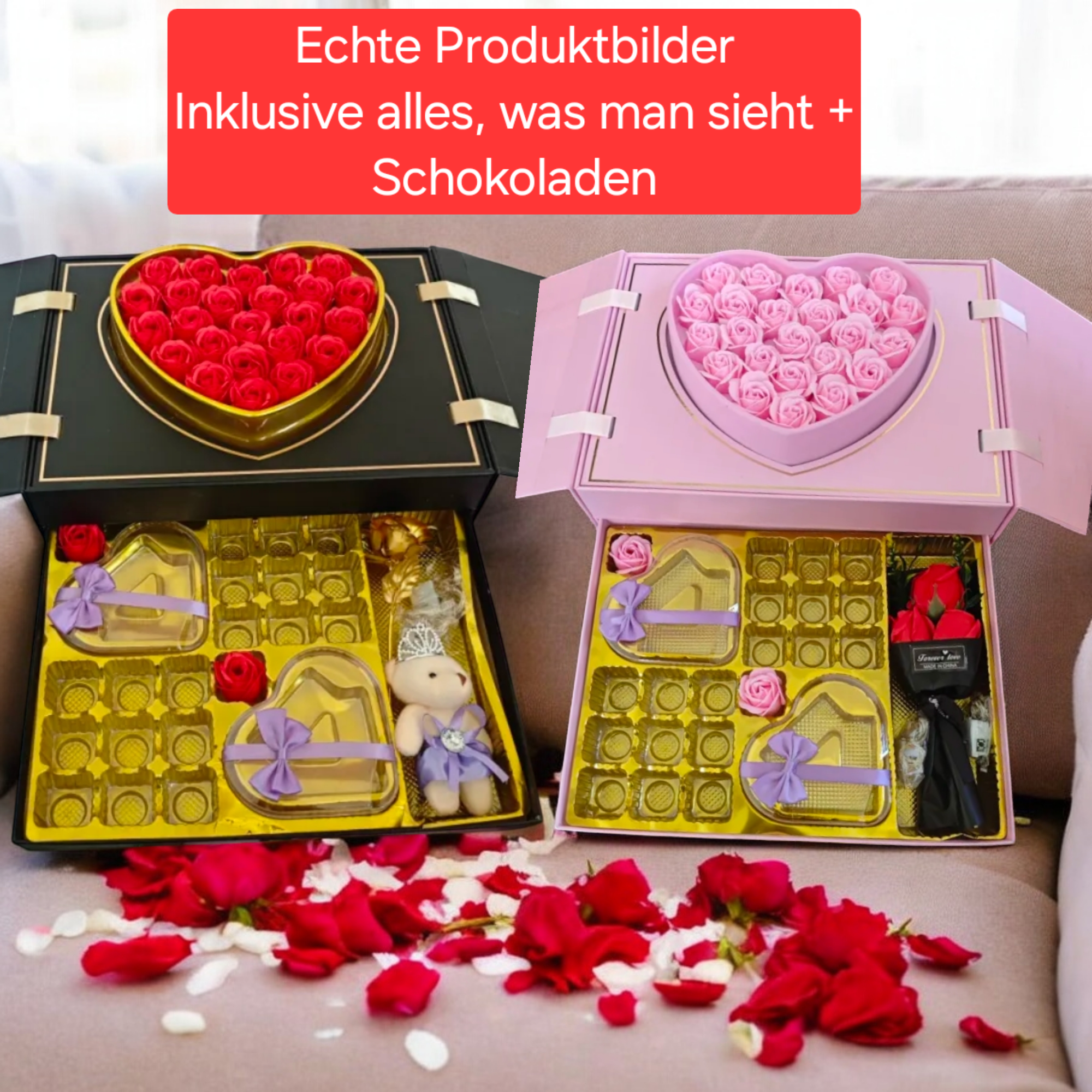 AlphaHeim Valentinstag personalisierte Geschenkbox inklusiv (Schokoladen, Rosen, teddy, Herz)